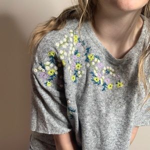 H&M Embroidered Floral Grey Top